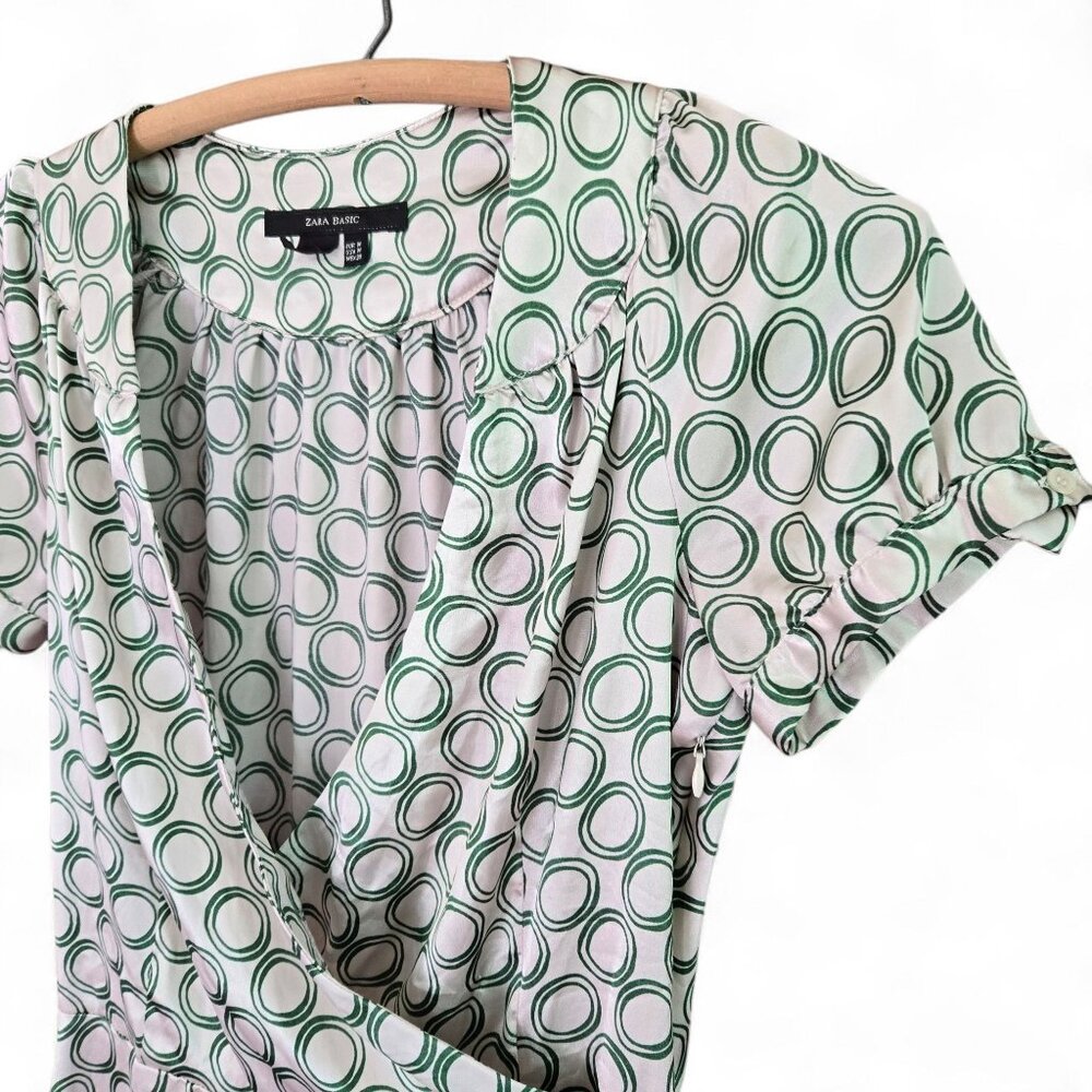 Zara Basic Womens Elastic Waist Dress Draped Neck Circle Print Green/White M - Picture 4 of 8